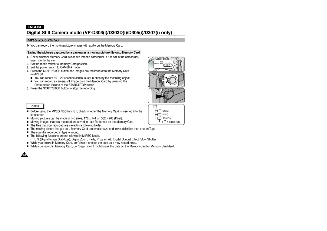 Samsung D303D(i), VP-D301(i), D305(i), D303(i), D307(i) manual Mpeg Recording 