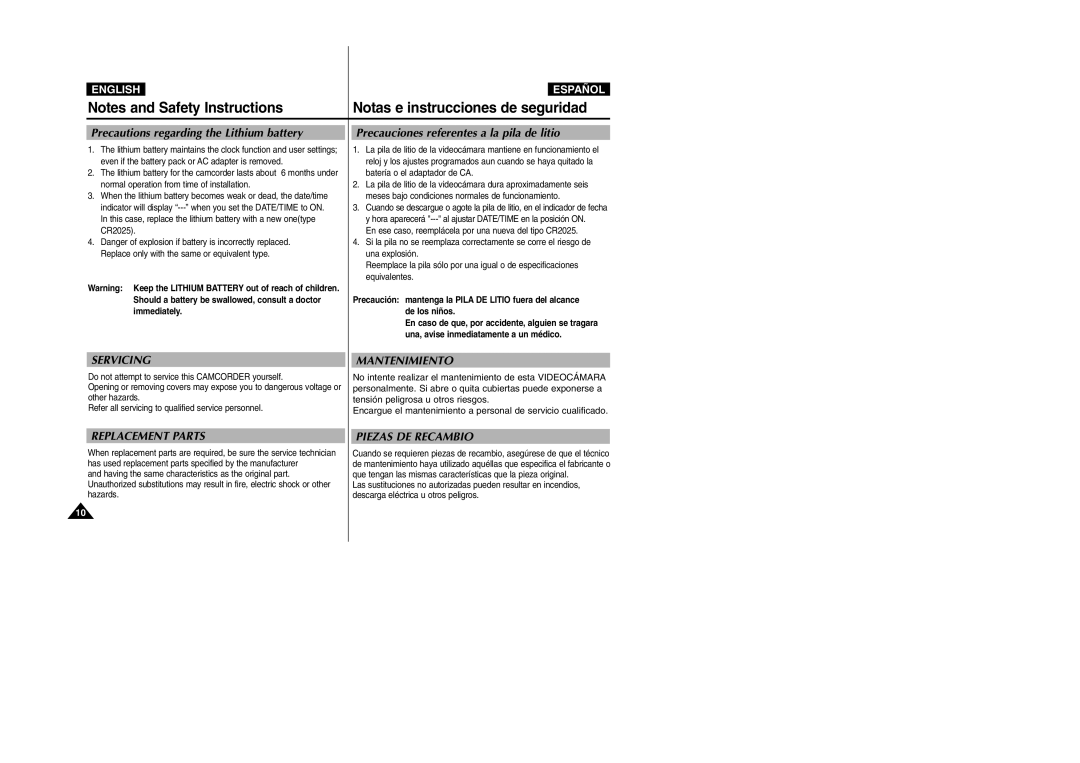 Samsung VP-D307, VP-D305, VP-D300 Precautions regarding the Lithium battery, Precauciones referentes a la pila de litio 