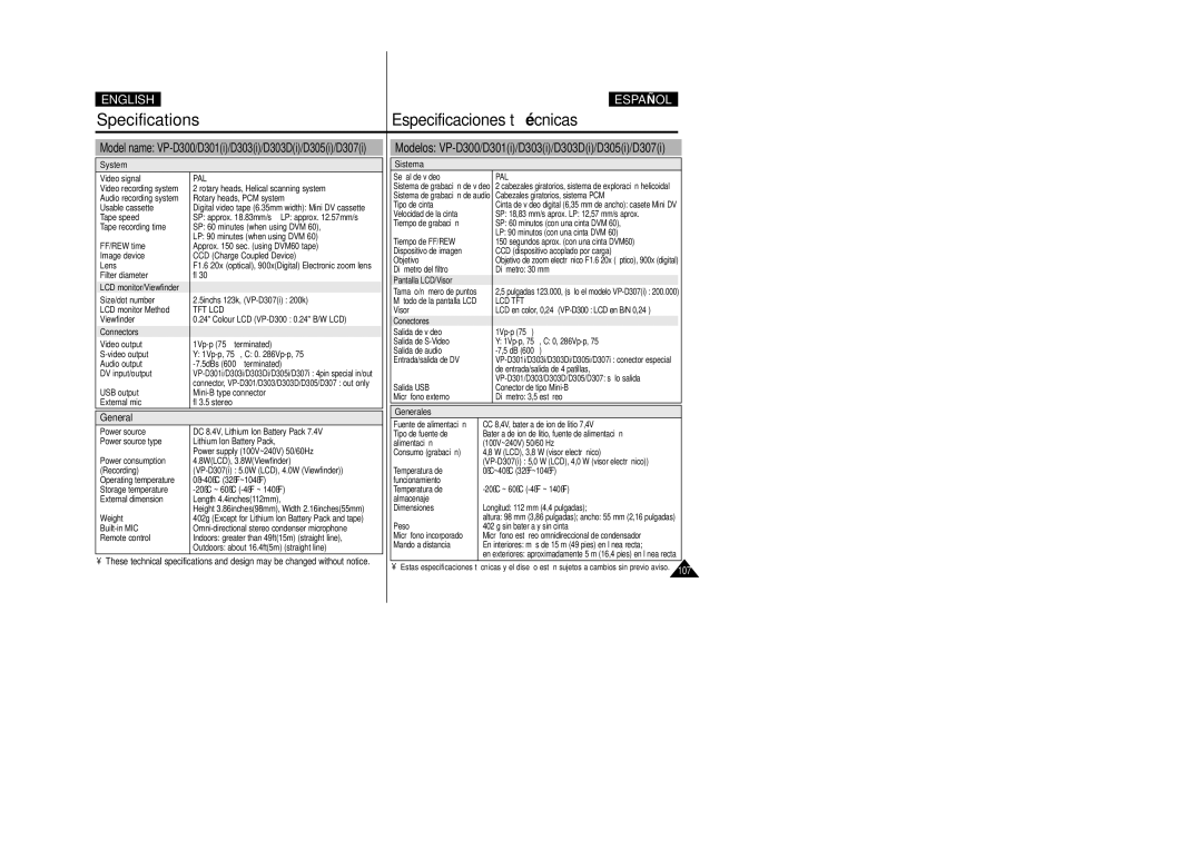 Samsung VP-D307, VP-D305, VP-D303 manual Modelos VP-D300/D301i/D303i/D303Di/D305i/D307i, System, Sistema, Generales 