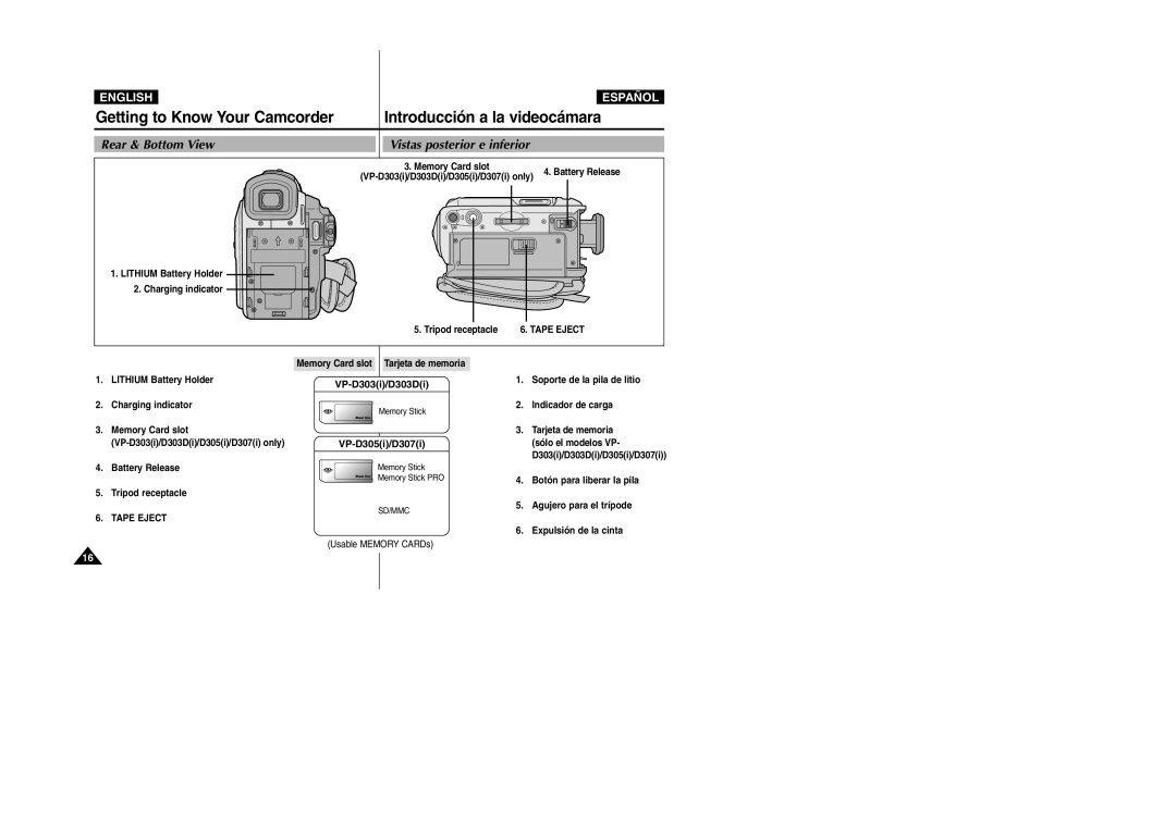 Samsung VP-D305, VP-D307 Rear & Bottom View Vistas posterior e inferior, Battery Release Tripod receptacle, Tape Eject 