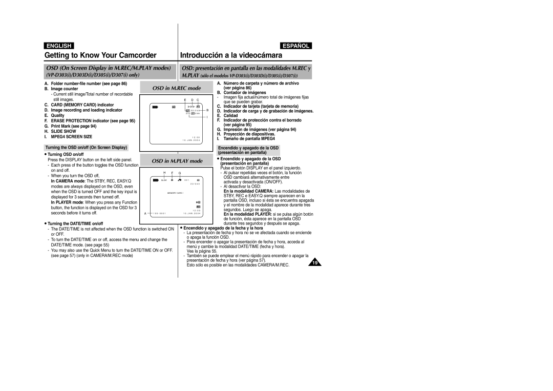 Samsung VP-D303D, VP-D307, VP-D305, VP-D300 manual OSD On Screen Display in M.REC/M.PLAY modes 