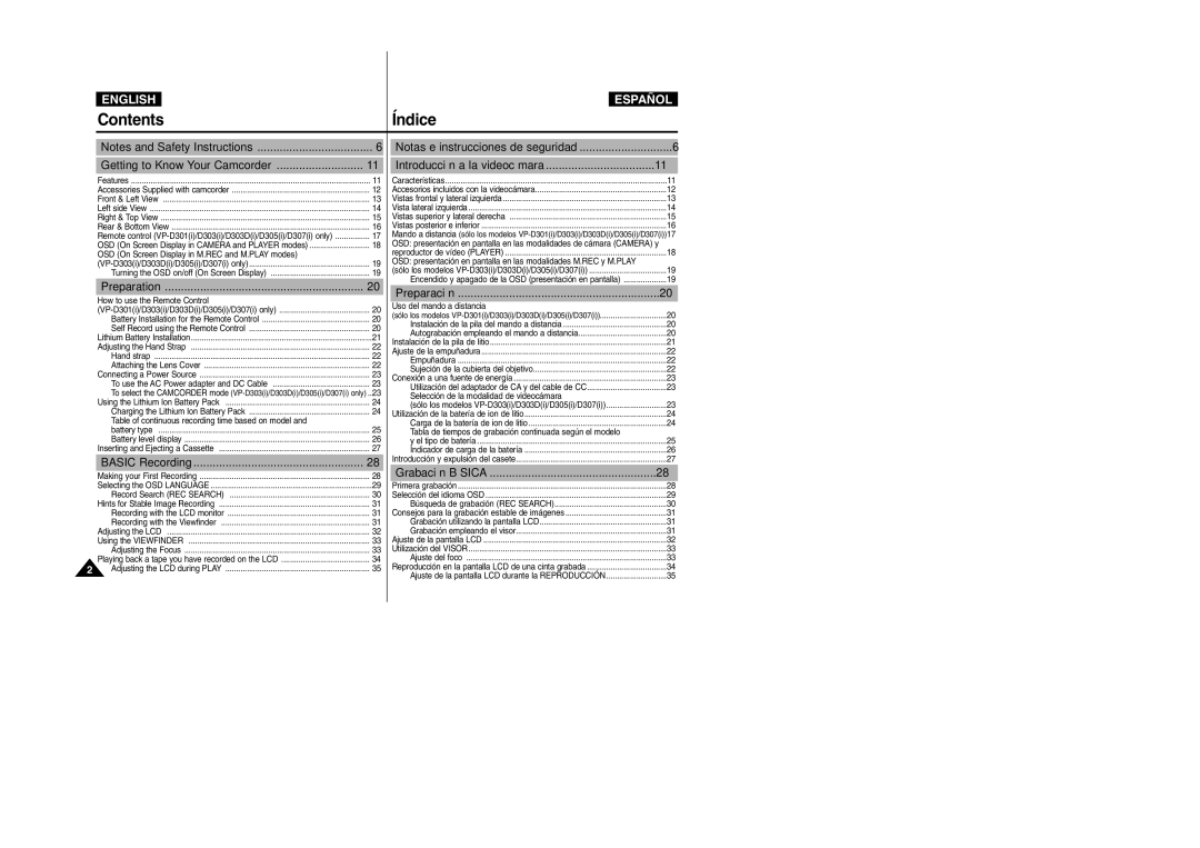 Samsung VP-D300, VP-D307, VP-D305, VP-D303D manual Contents Índice 