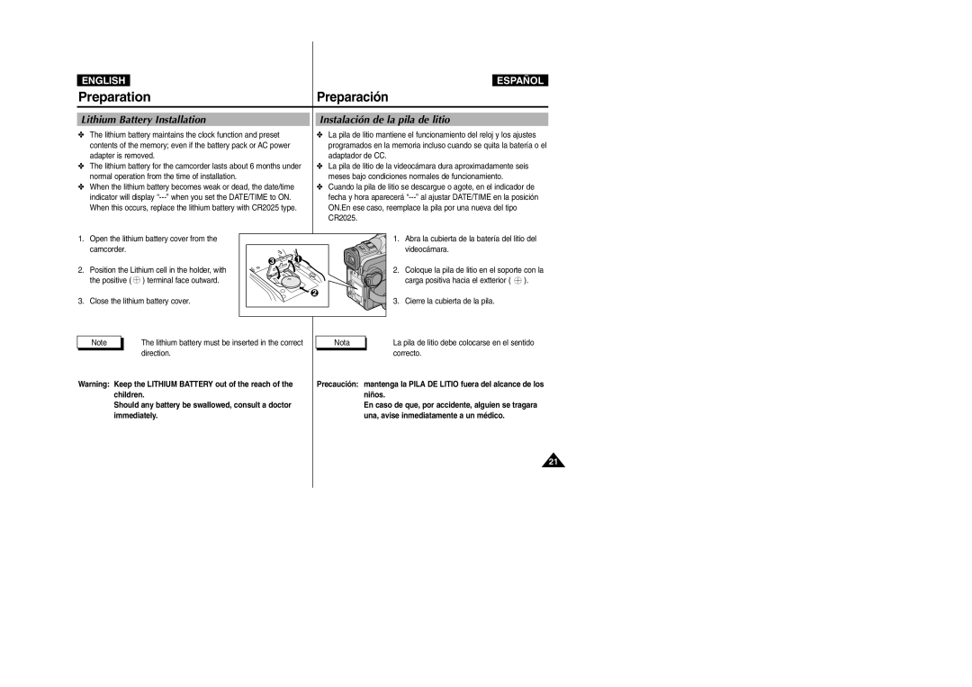 Samsung VP-D305, VP-D307, VP-D300, VP-D303D manual Lithium Battery Installation, Instalación de la pila de litio 