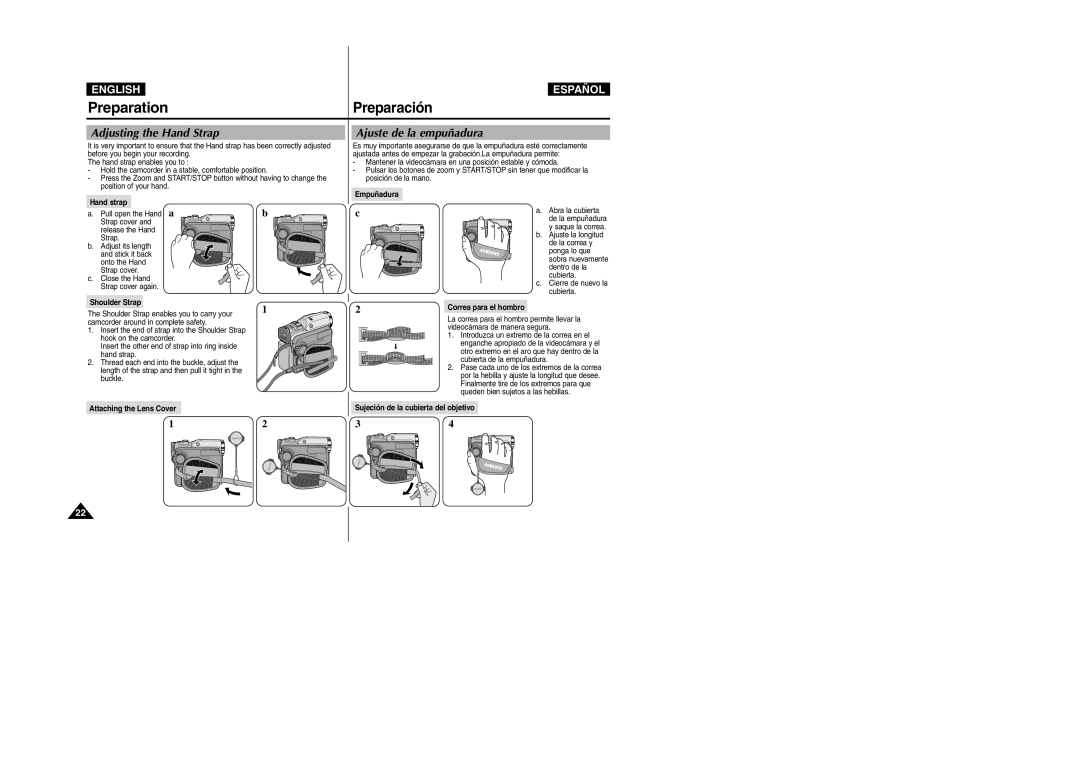 Samsung VP-D300, VP-D307, VP-D305, VP-D303D manual Adjusting the Hand Strap, Ajuste de la empuñadura 