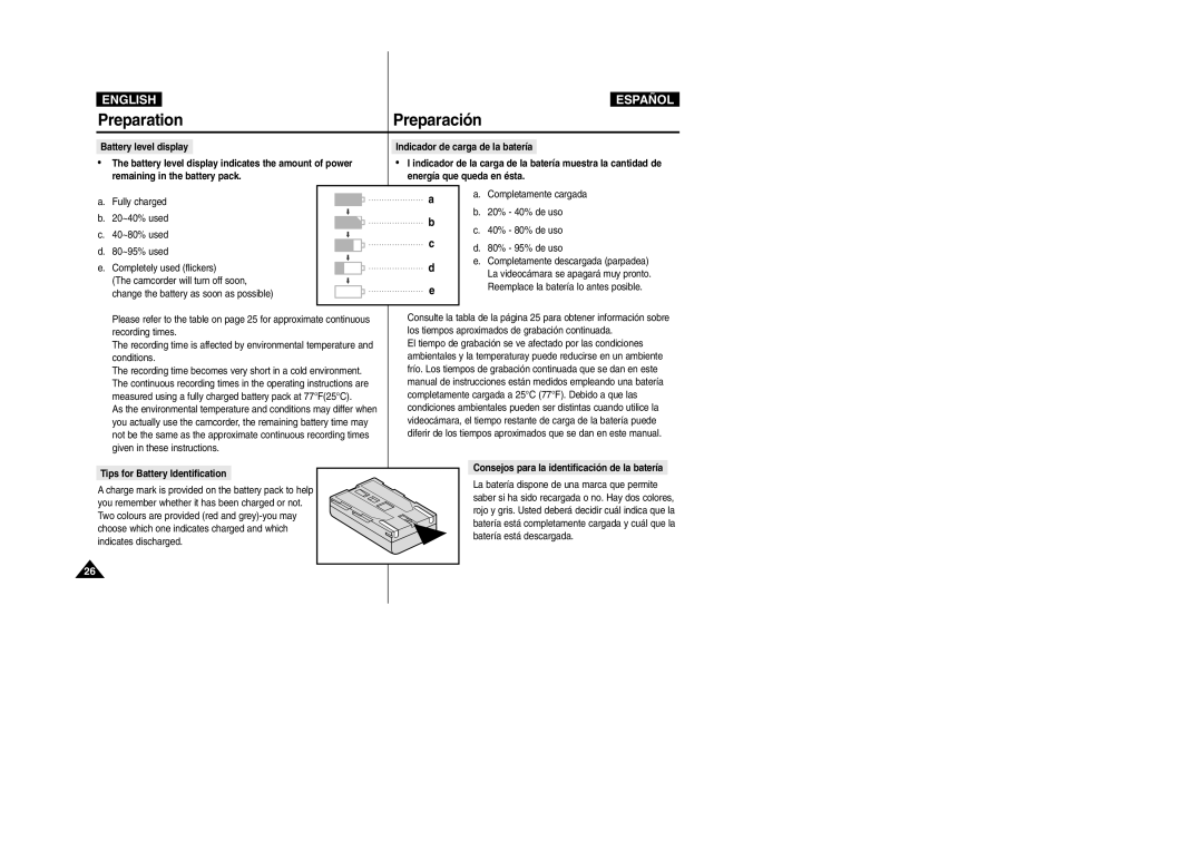 Samsung VP-D305, VP-D307, VP-D300, VP-D303 manual Preparation Preparación, Battery level display indicates the amount of power 