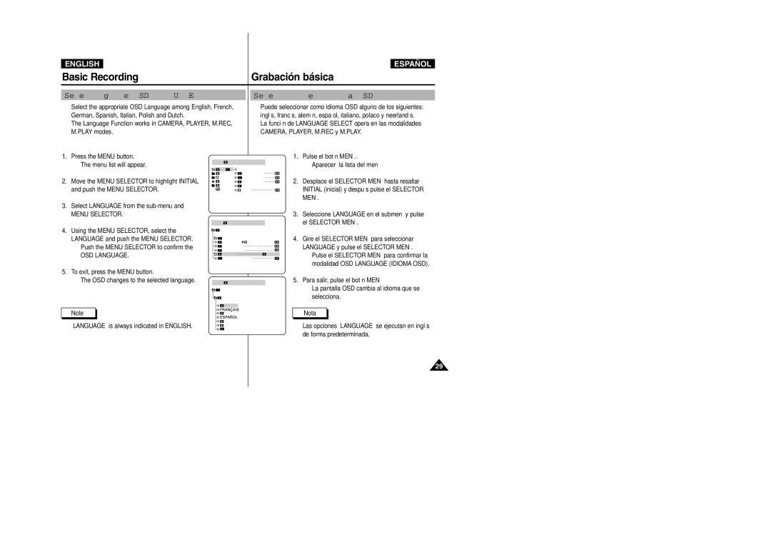 Samsung VP-D303D, VP-D307 manual Selecting the OSD Language, Selección del idioma OSD, Push the Menu Selector to confirm 