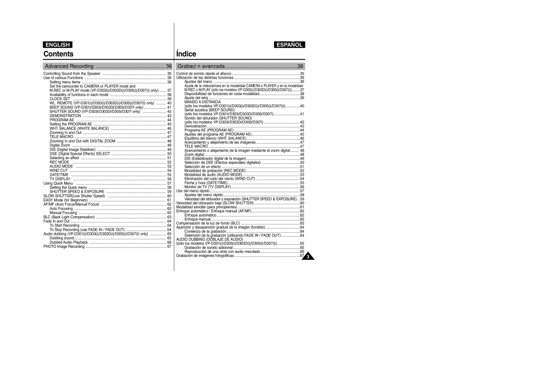 Samsung VP-D307, VP-D305, VP-D300, VP-D303D manual Contents 