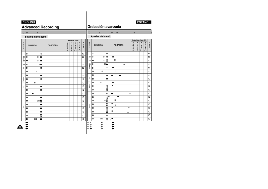 Samsung VP-D305, VP-D307, VP-D300 manual Grabación avanzada, Use of various Functions, Utilización de las distintas funciones 