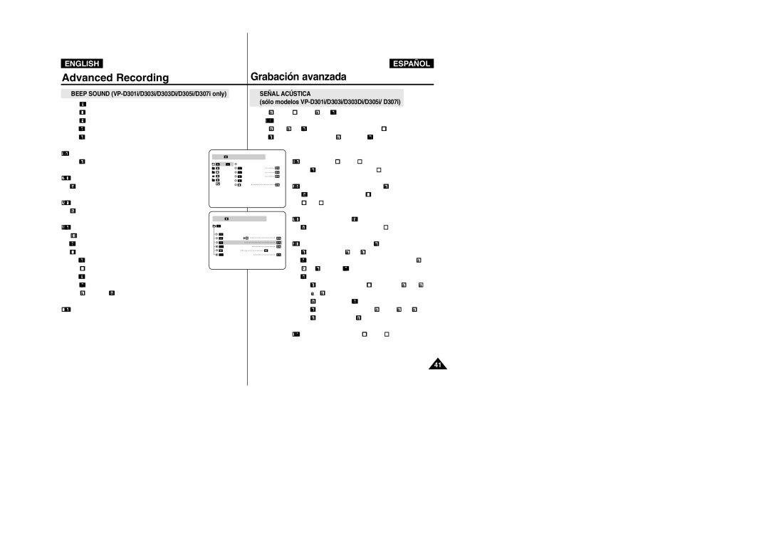 Samsung VP-D305, VP-D307, VP-D300, VP-D303D manual Beep Sound VP-D301i/D303i/D303Di/D305i/D307i only, Señal Acústica 