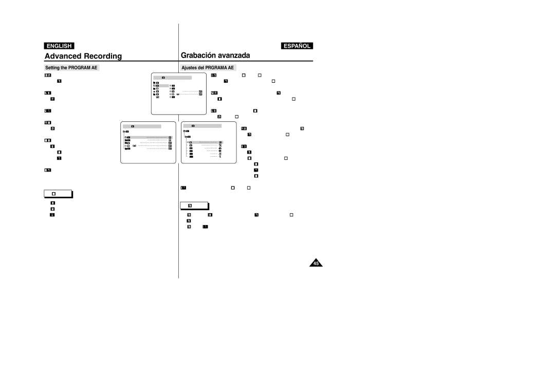 Samsung VP-D307, VP-D305, VP-D300, VP-D303 manual Advanced Recording Grabación avanzada, Ajustes del Prgrama AE, Program AE 