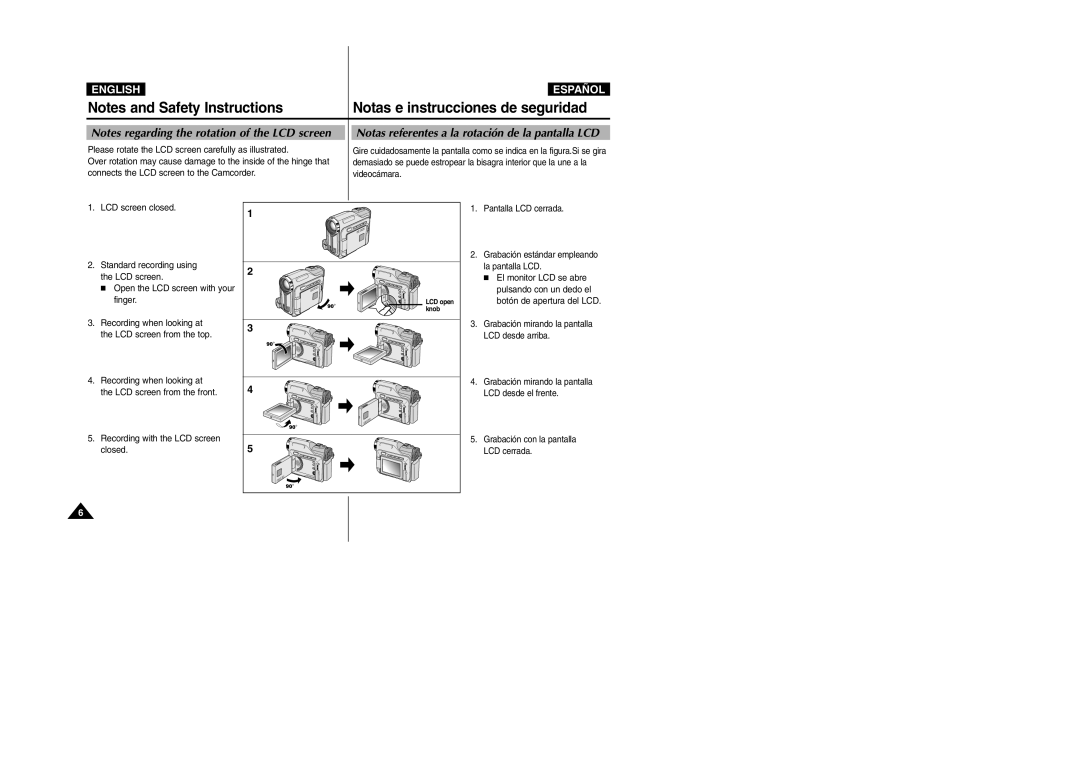 Samsung VP-D305, VP-D307, VP-D300 Notas e instrucciones de seguridad, Notas referentes a la rotación de la pantalla LCD 