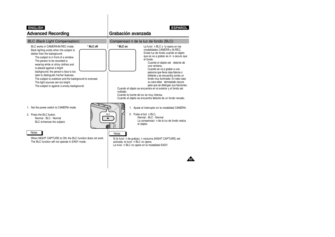 Samsung VP-D303, VP-D307 manual Advanced Recording, BLC Back Light Compensation, Compensación de la luz de fondo BLC, BLC on 