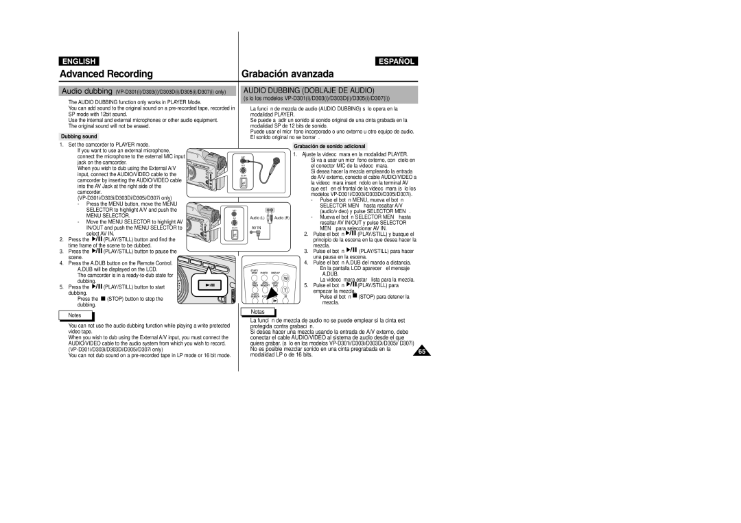 Samsung VP-D307, VP-D305, VP-D300, VP-D303D manual Dubbing sound, Grabación de sonido adicional 