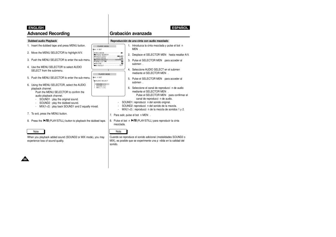 Samsung VP-D305, VP-D307 Move the Menu Selector to highlight A/V, Use the Menu Selector to select Audio, Playback channel 