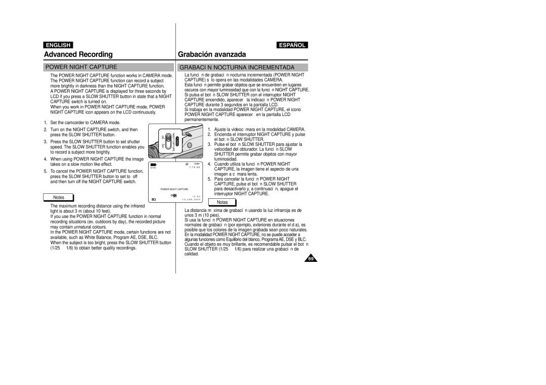 Samsung VP-D303D, VP-D307 Power Night Capture function works in Camera mode, Press the Slow Shutter button to set shutter 