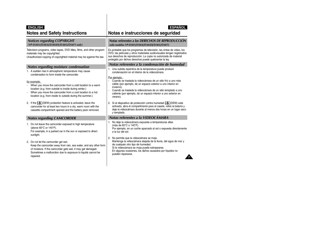 Samsung VP-D300, VP-D307, VP-D305, VP-D303 Notas e instrucciones de seguridad, Notas referentes a la condensación de humedad 