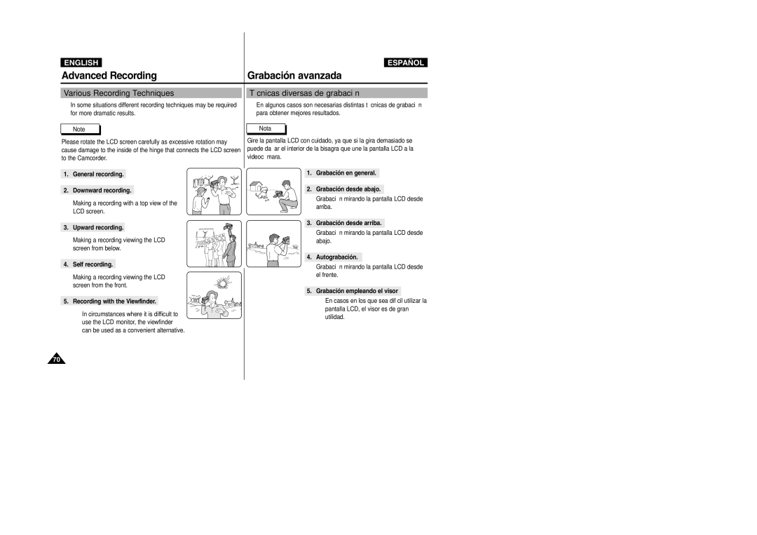 Samsung VP-D307, VP-D305, VP-D300, VP-D303D manual Various Recording Techniques, Técnicas diversas de grabación 