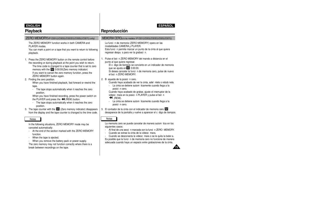 Samsung VP-D307, VP-D305, VP-D300, VP-D303D manual Zero Memory VP-D301i/D303i/D303Di/D305i/D307i only 