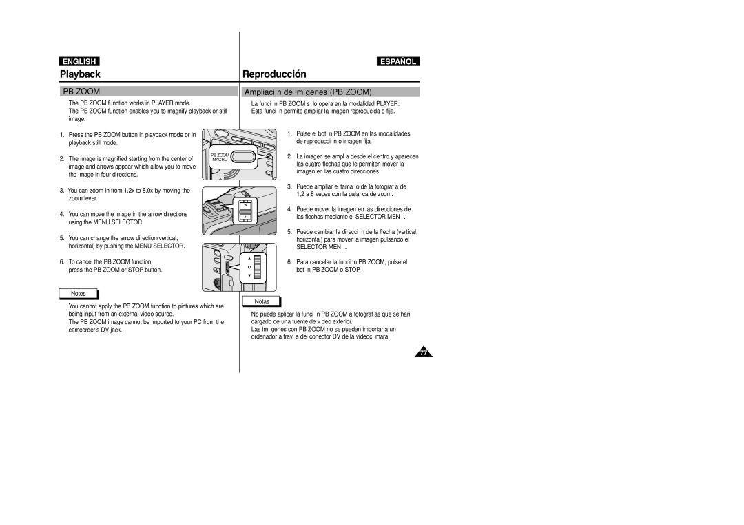 Samsung VP-D300, VP-D307, VP-D305, VP-D303D manual Ampliación de imágenes PB Zoom 