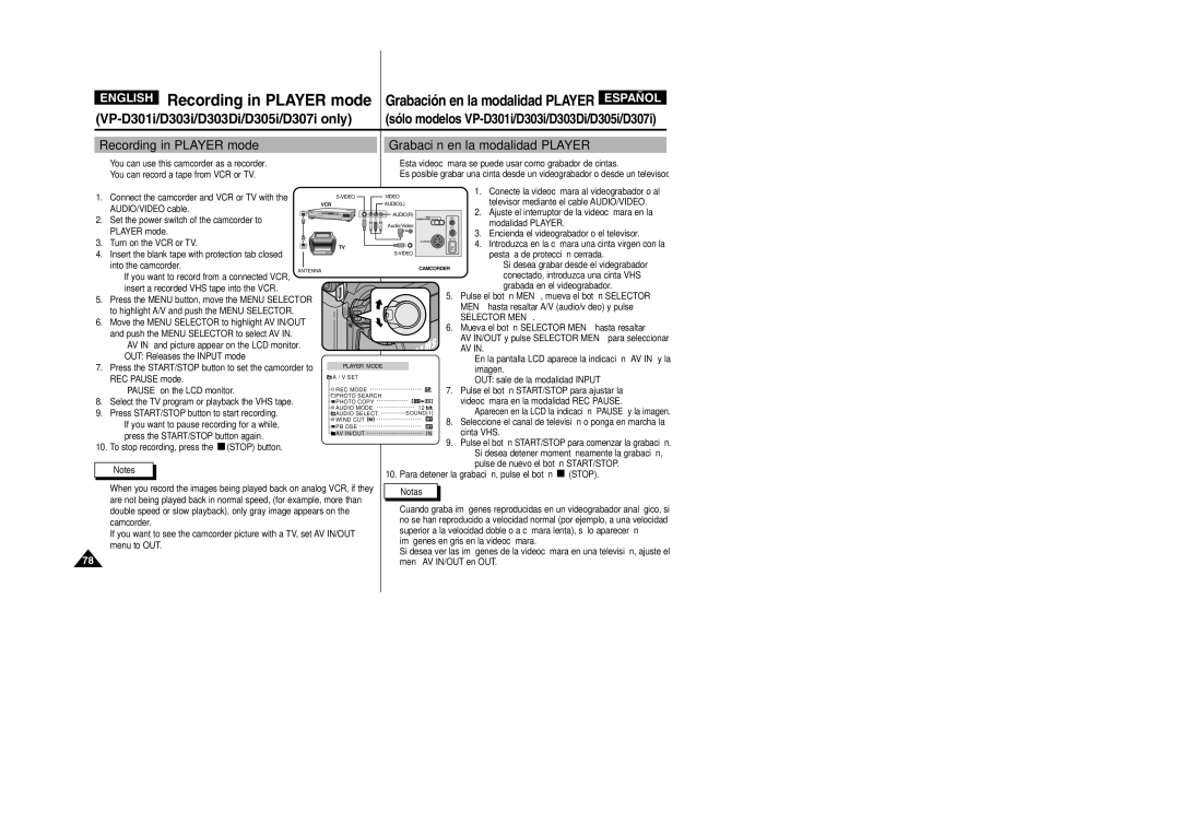 Samsung VP-D307, VP-D305, VP-D300, VP-D303D manual Recording in Player mode, Stop 