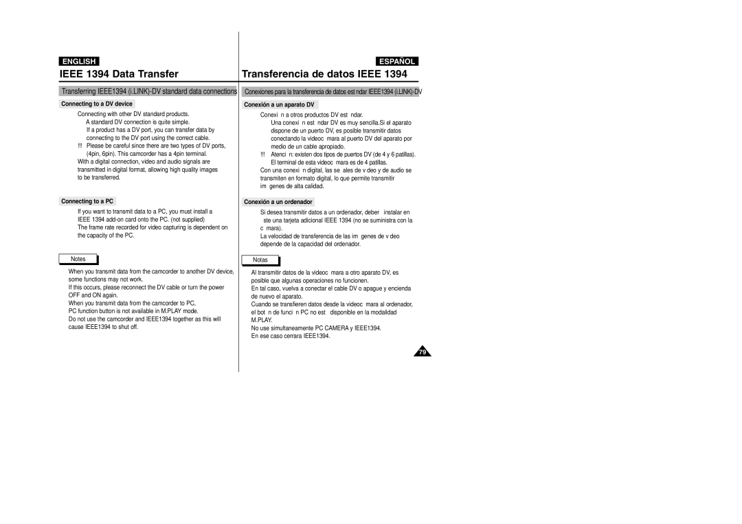 Samsung VP-D303D Transferencia de datos Ieee, Connecting to a DV device, Connecting to a PC, Conexión a un aparato DV 