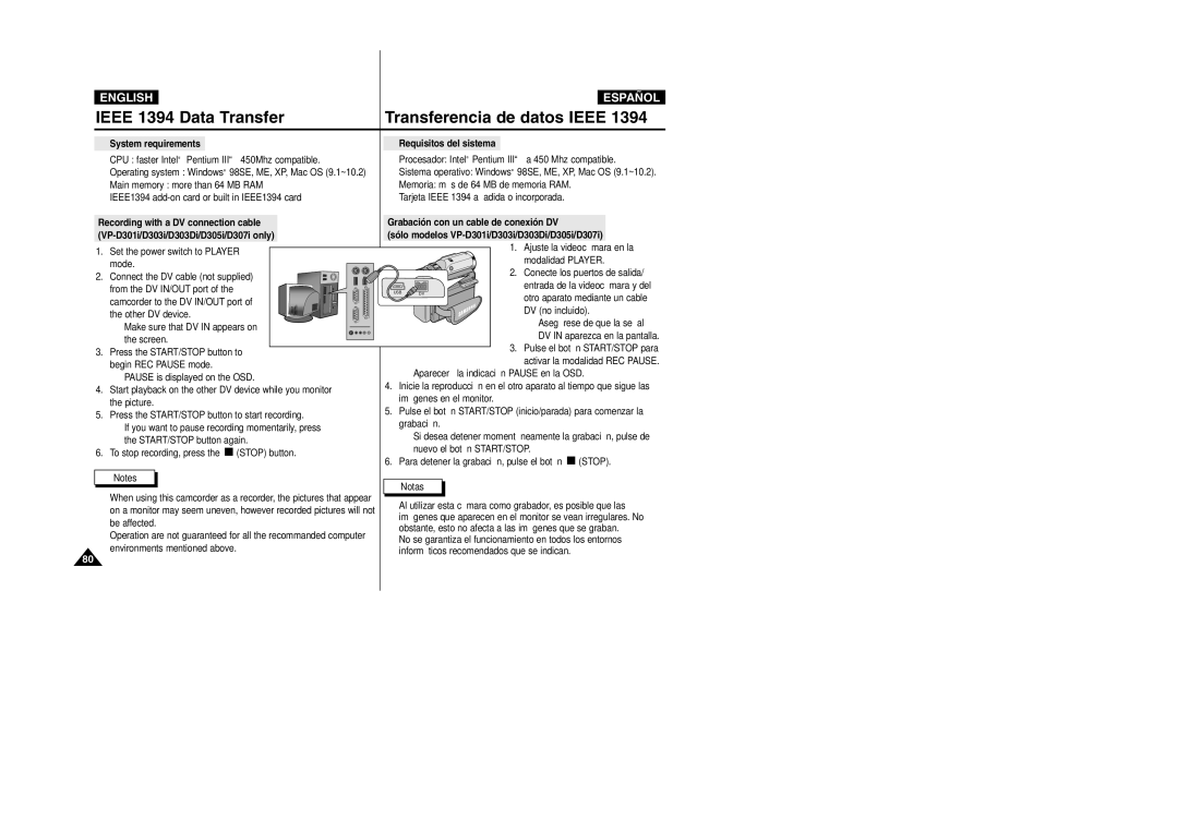 Samsung VP-D307, VP-D305, VP-D300, VP-D303D manual System requirements Requisitos del sistema 