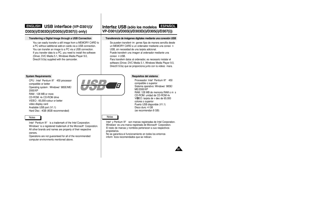 Samsung VP-D305, VP-D307, VP-D300, VP-D303 USB interface VP-D301i, Puede transferir una imagen al ordenador mediante una 