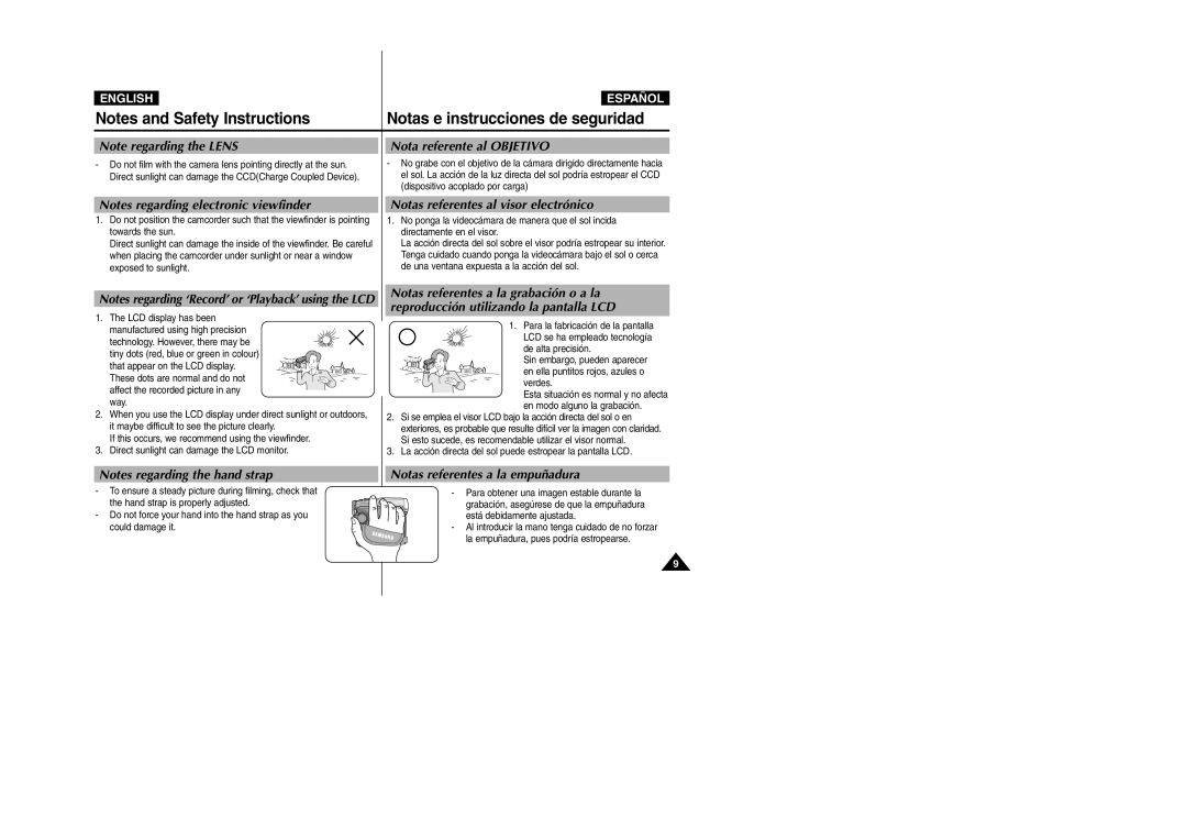 Samsung VP-D303D manual Nota referente al Objetivo, Notas referentes al visor electrónico, Notas referentes a la empuñadura 