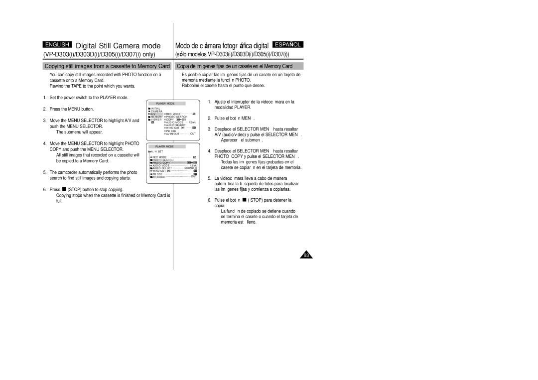 Samsung VP-D307, VP-D305, VP-D300, VP-D303D manual Copying still images from a cassette to Memory Card 