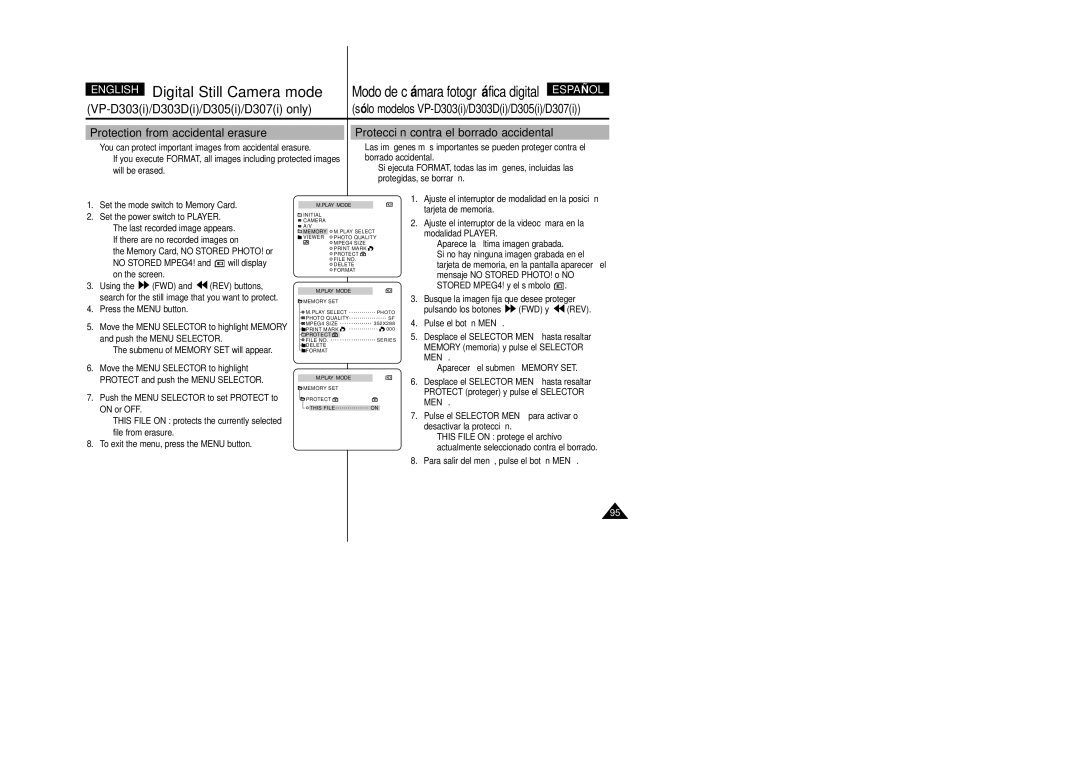 Samsung VP-D307, VP-D305, VP-D300, VP-D303 manual Protection from accidental erasure, Protección contra el borrado accidental 