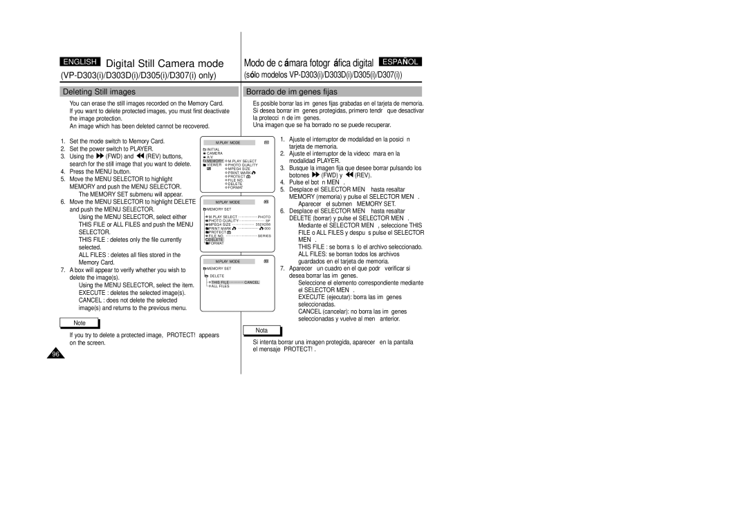 Samsung VP-D305, VP-D307, VP-D300, VP-D303D manual Deleting Still images, Borrado de imágenes fijas, Selector 