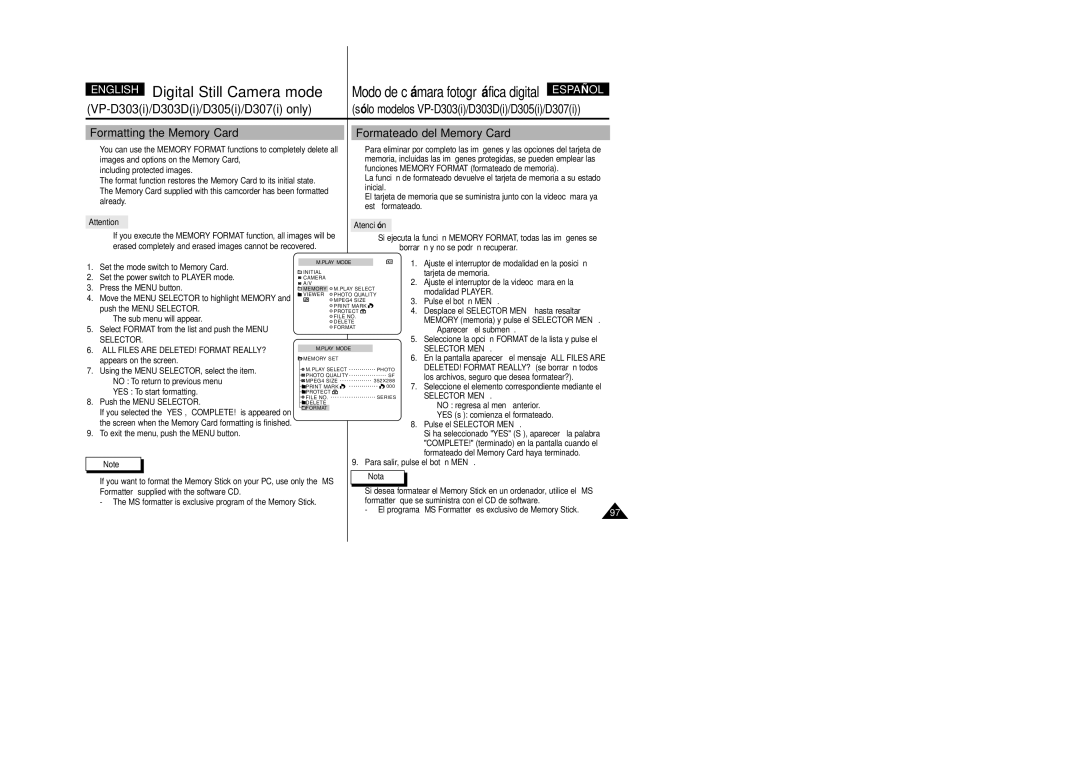 Samsung VP-D300, VP-D307, VP-D305, VP-D303 manual Formatting the Memory Card, Formateado del Memory Card, Atención, Selector 