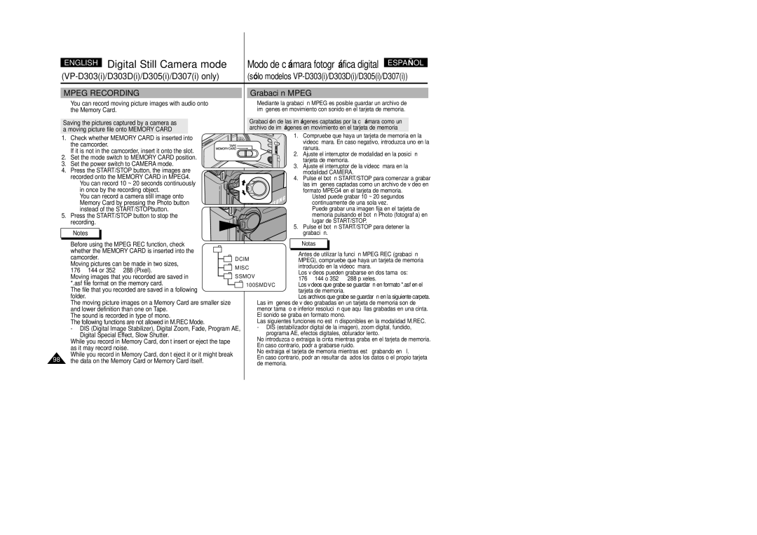 Samsung VP-D307, VP-D305, VP-D300, VP-D303D manual Grabación Mpeg 