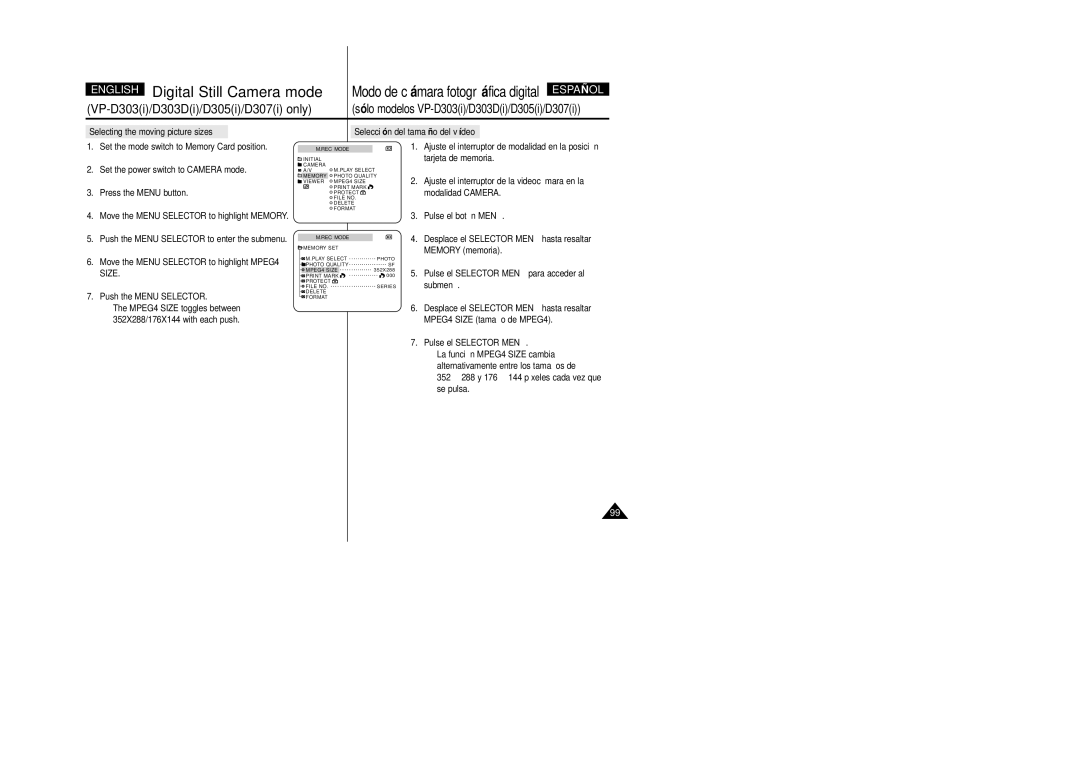 Samsung VP-D303D, VP-D307, VP-D305, VP-D300 manual Size, 352 288 y 176 144 píxeles cada vez que se pulsa 