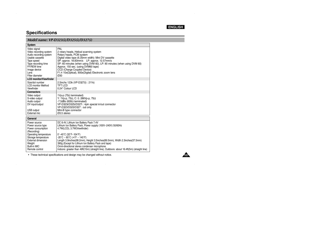 Samsung D325(i), VP-D323(i), D327(i) manual Specifications, Model name VP-D323i/D325i/D327i 