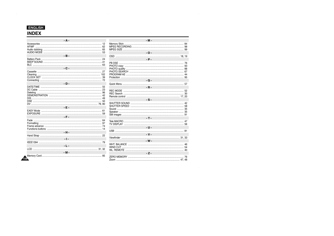 Samsung VP-D323(i), D327(i), D325(i) manual Index 