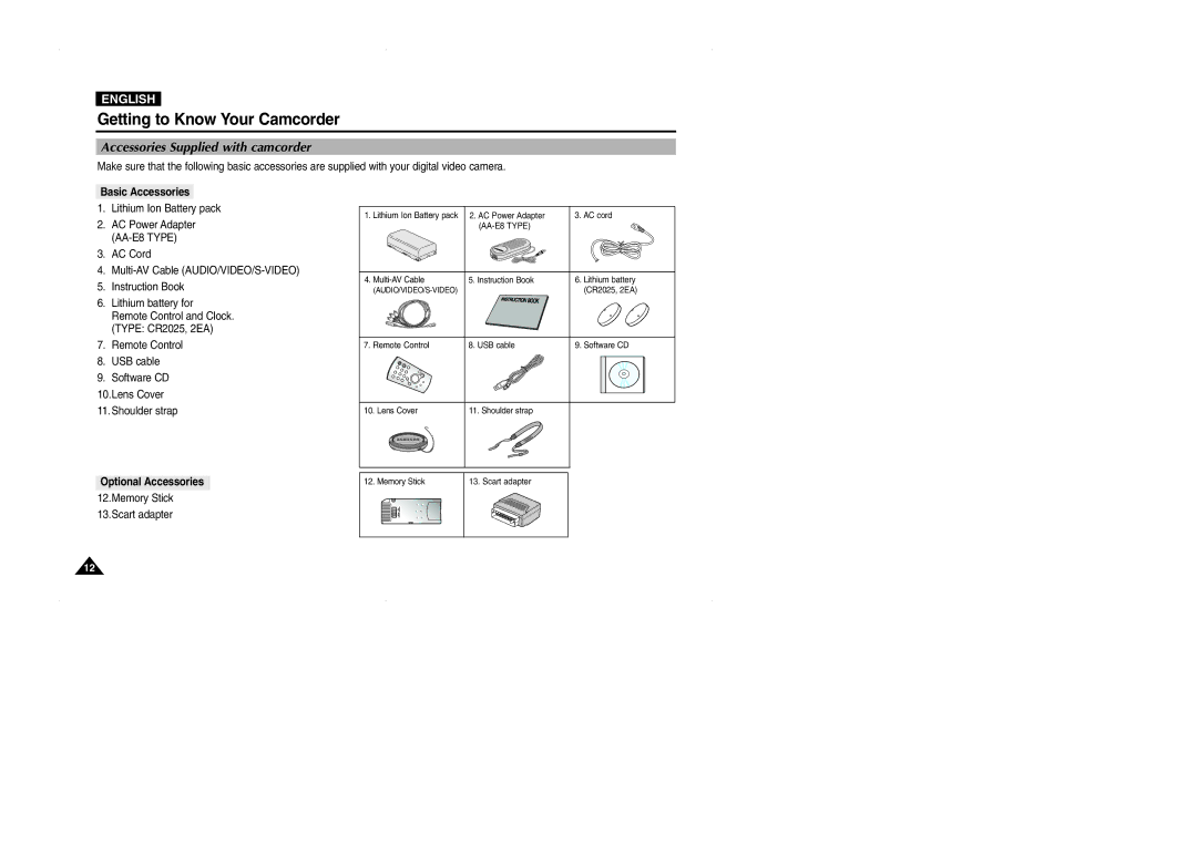 Samsung VP-D323(i), D327(i), D325(i) manual Accessories Supplied with camcorder, Basic Accessories, Optional Accessories 