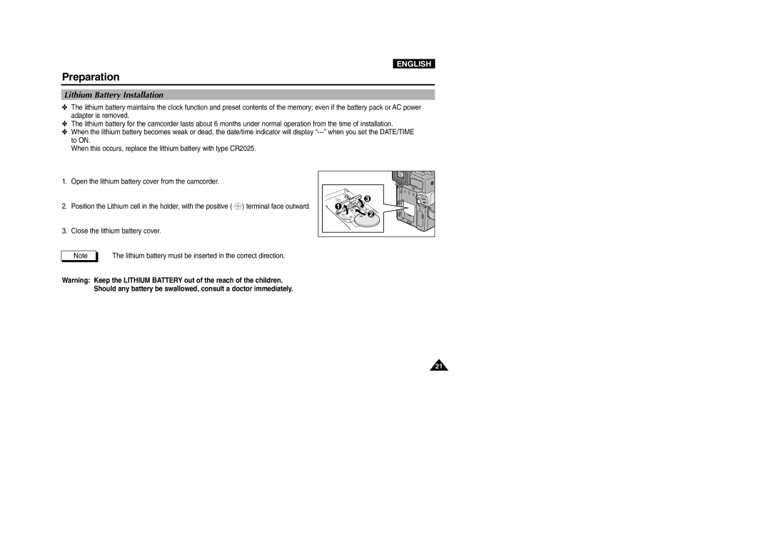 Samsung VP-D323(i), D327(i), D325(i) manual Lithium Battery Installation 