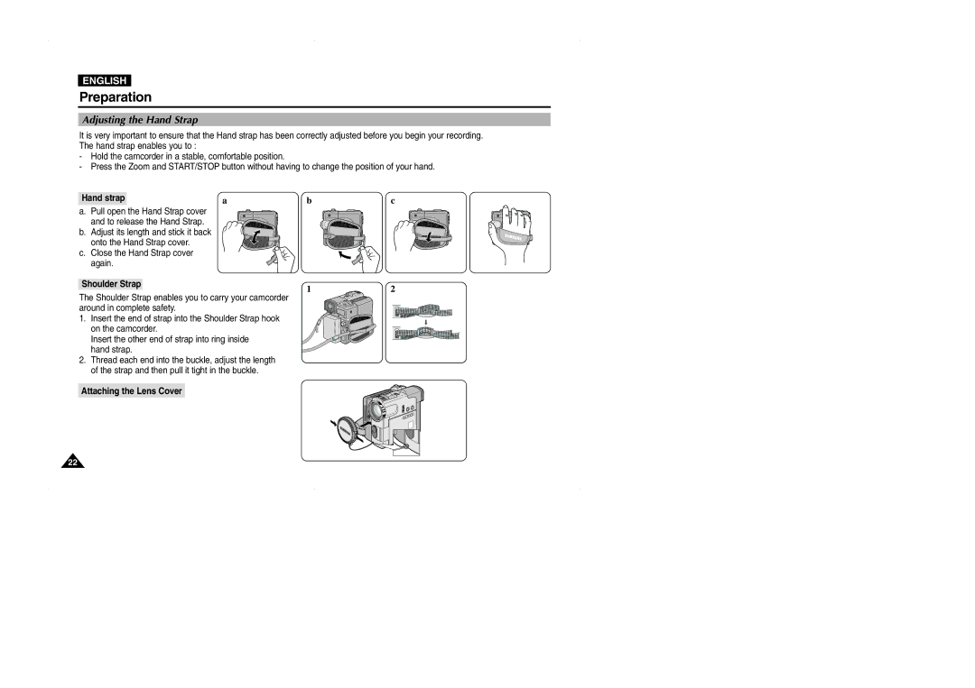 Samsung D327(i), VP-D323(i), D325(i) manual Adjusting the Hand Strap, Hand strap, Shoulder Strap, Attaching the Lens Cover 