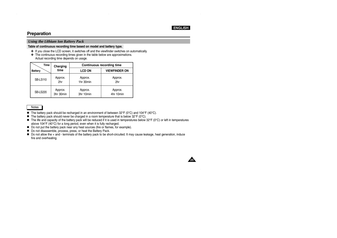 Samsung D327(i), VP-D323(i), D325(i) manual Continuous recording time, LCD on 