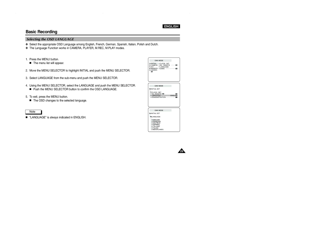 Samsung D325(i), VP-D323(i), D327(i) manual Selecting the OSD Language 