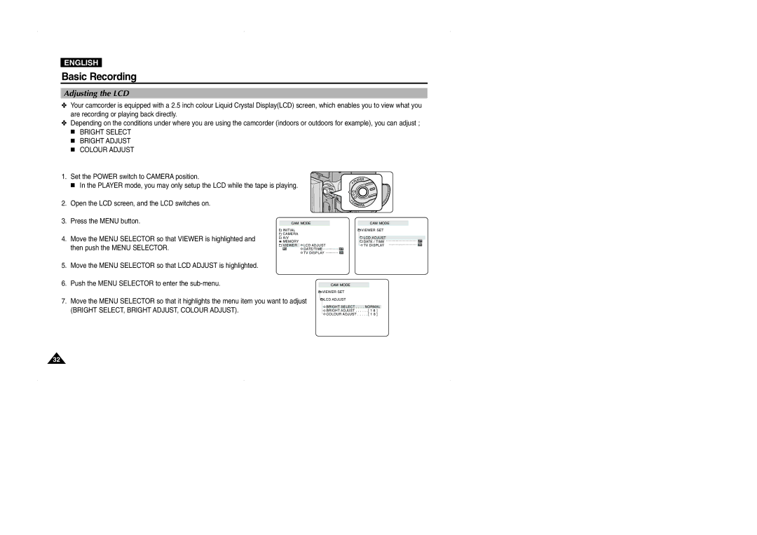 Samsung D325(i), VP-D323(i), D327(i) manual Adjusting the LCD, Bright Select Bright Adjust Colour Adjust 