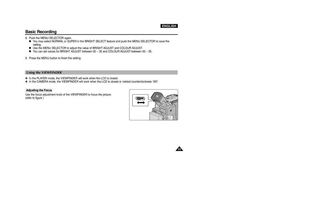 Samsung VP-D323(i), D327(i), D325(i) manual Using the Viewfinder, Adjusting the Focus 