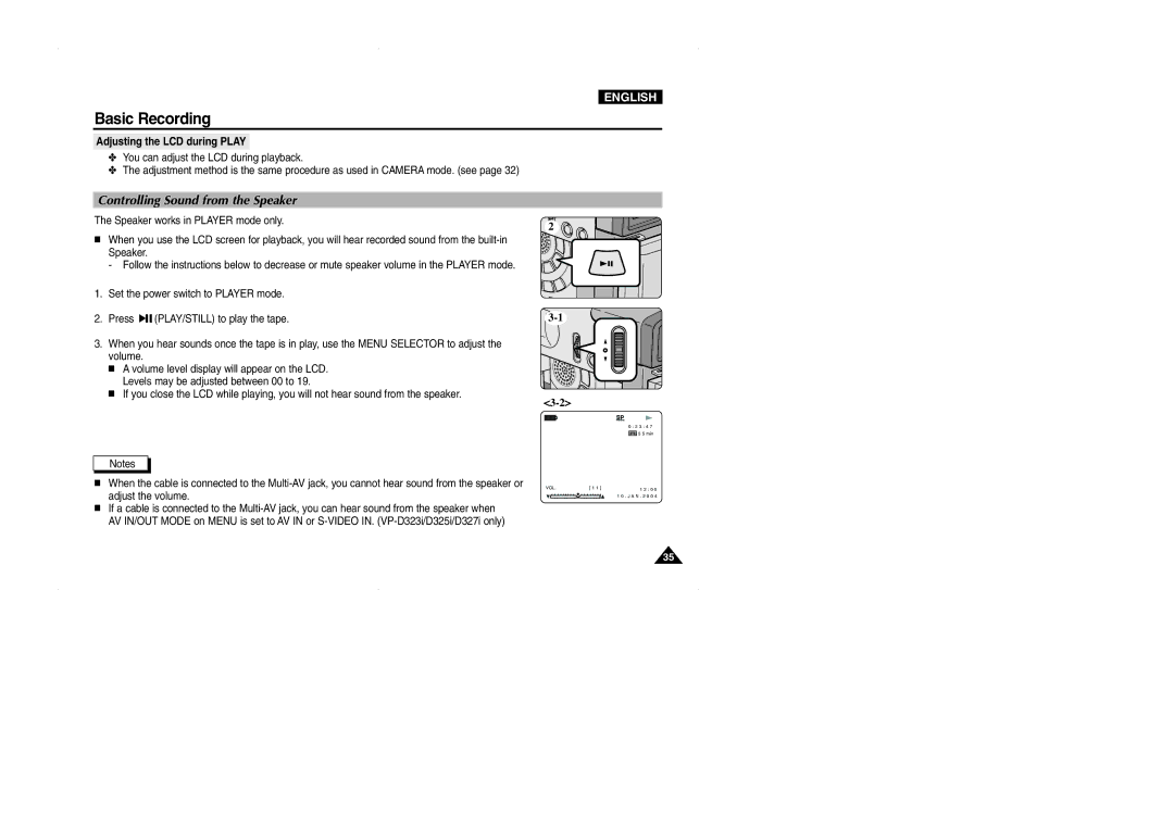 Samsung D325(i), VP-D323(i), D327(i) manual Controlling Sound from the Speaker, Adjusting the LCD during Play 