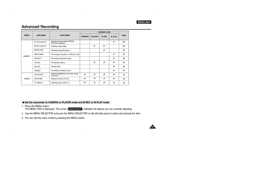 Samsung D327(i), VP-D323(i), D325(i) manual Menu SUB Menu Functions Player 