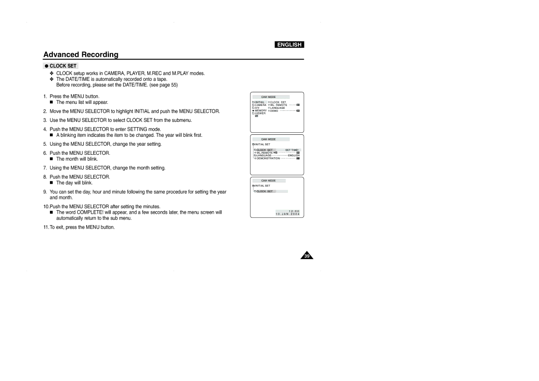 Samsung VP-D323(i), D327(i), D325(i) manual Clock SET, Clock setup works in CAMERA, PLAYER, M.REC and M.PLAY modes 