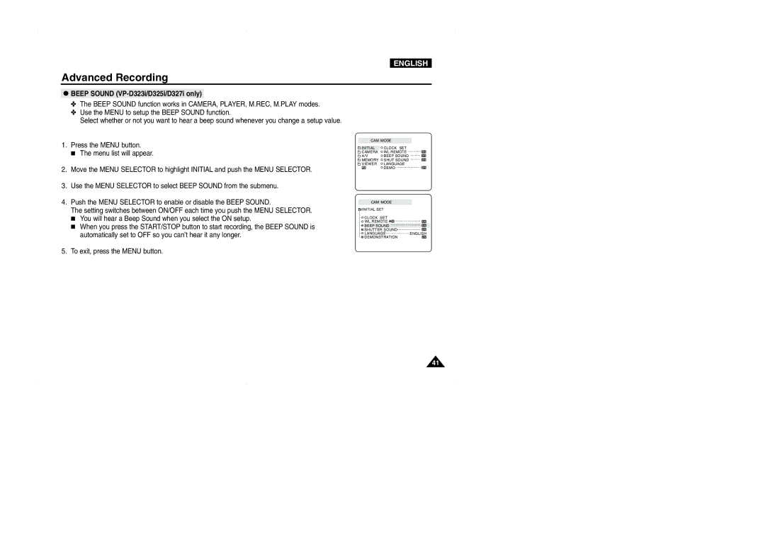 Samsung D325(i), VP-D323(i), D327(i) manual Beep Sound VP-D323i/D325i/D327i only 