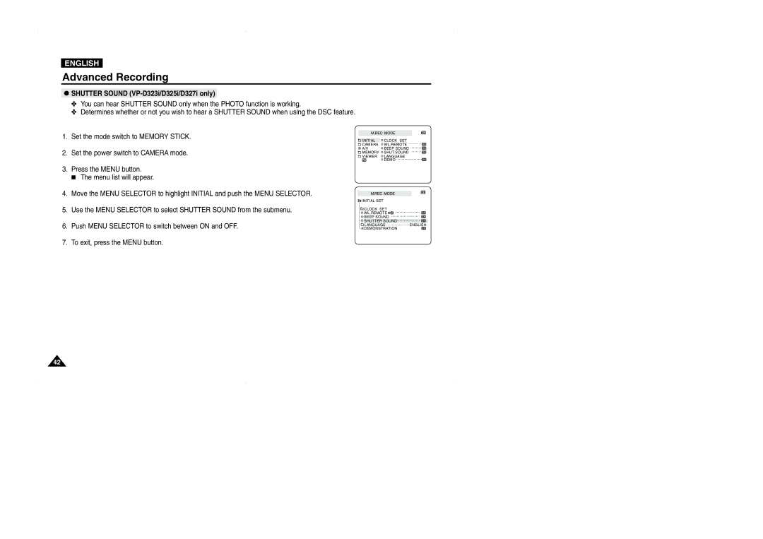 Samsung VP-D323(i), D327(i), D325(i) manual Shutter Sound VP-D323i/D325i/D327i only 