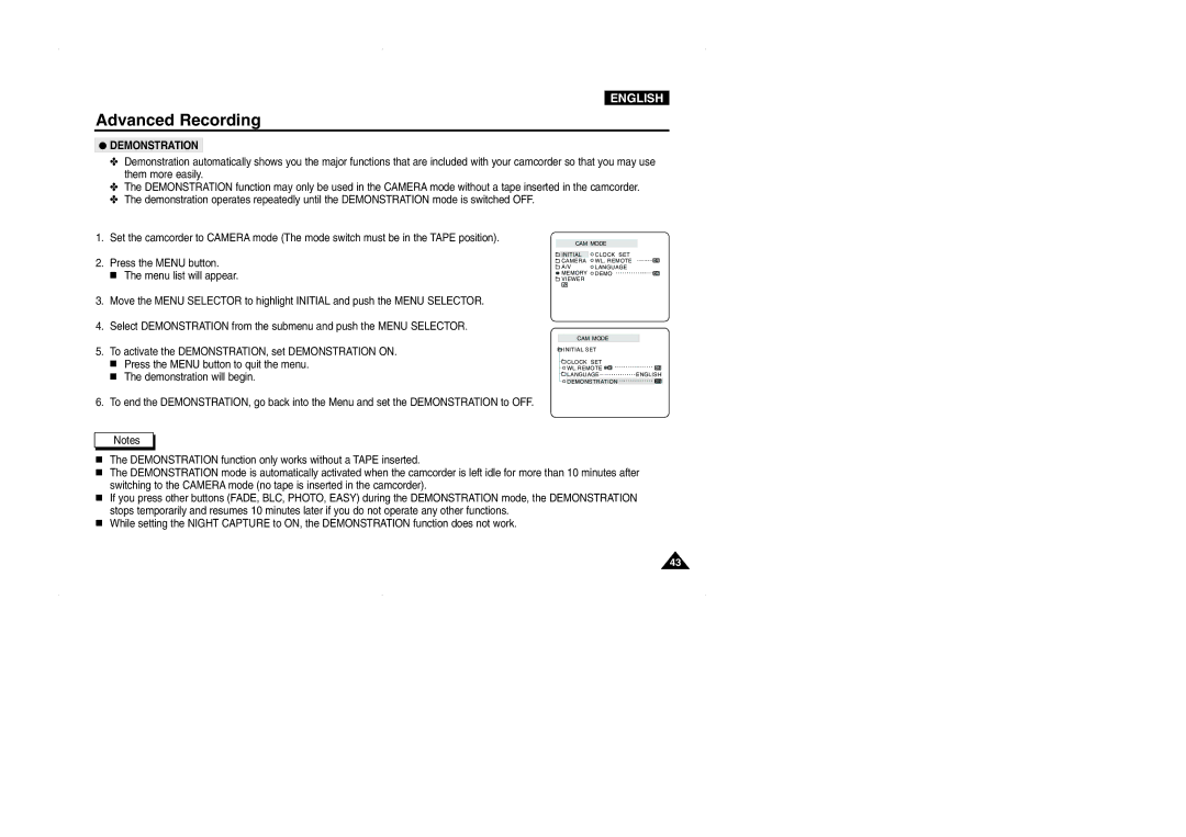 Samsung D327(i), VP-D323(i), D325(i) manual Demonstration 