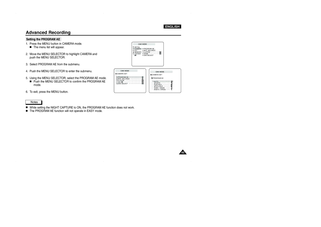 Samsung VP-D323(i), D327(i), D325(i) manual Setting the Program AE 